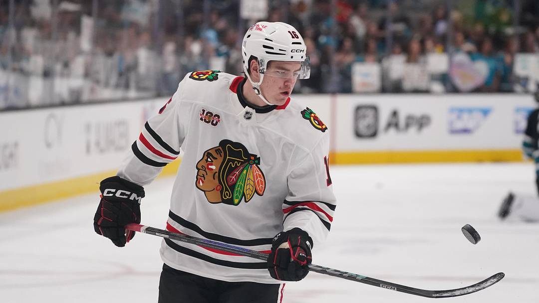 Apr 6, 2026; San Jose, California, USA;  Chicago Blackhawks center Anton Frondell (16) warms up before the game against the San Jose Sharks at SAP Center at San Jose. Mandatory Credit: David Gonzales-Imagn Images