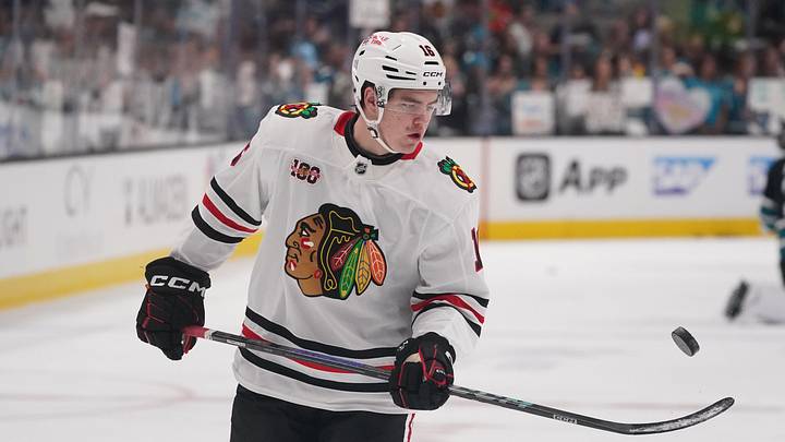 Apr 6, 2026; San Jose, California, USA;  Chicago Blackhawks center Anton Frondell (16) warms up before the game against the San Jose Sharks at SAP Center at San Jose. Mandatory Credit: David Gonzales-Imagn Images