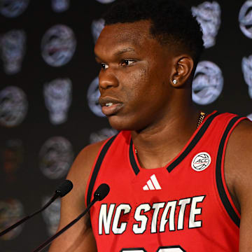 Oct 8, 2025; Charlotte, NC, USA; NC State player Ven-Allen Lubin answers questions from the media at The Hilton Charlotte Uptown. Mandatory Credit: William Howard-Imagn Images