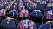 Mar 10, 2024; Greensboro, NC, USA; General view of rally towels prior to the ACC Championship game between NC States and Notre Dame at Greensboro Coliseum. Mandatory Credit: David Yeazell-Imagn Images