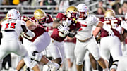 Oct 25, 2024; Chestnut Hill, Massachusetts, USA; Boston College Eagles running back Kye Robichaux (5) runs the ball against the Louisville Cardinals during the first half at Alumni Stadium. Mandatory Credit: Eric Canha-Imagn Images