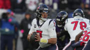 Jan 20, 2024; Baltimore, MD, USA; Houston Texans quarterback C.J. Stroud (7) drops back to pass against the Baltimore Ravens in the first half of a 2024 AFC divisional round game at M&T Bank Stadium. Mandatory Credit: Mitch Stringer-USA TODAY Sports