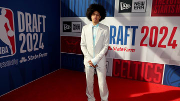 Jun 26, 2024; Brooklyn, NY, USA; Kyshawn George arrives before the first round of the 2024 NBA Draft at Barclays Center. Mandatory Credit: Brad Penner-USA TODAY Sports