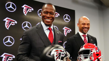 Feb 5, 2024; Atlanta, GA, USA; Atlanta Falcons head coach Raheem Morris and general manager Terry