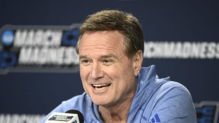 Mar 19, 2026; San Diego, CA, USA; Kansas Jayhawks head coach Bill Self speaks at a press conference ahead of the first round of the men's 2026 NCAA Tournament at Viejas Arena. Mandatory Credit: Denis Poroy-Imagn Images