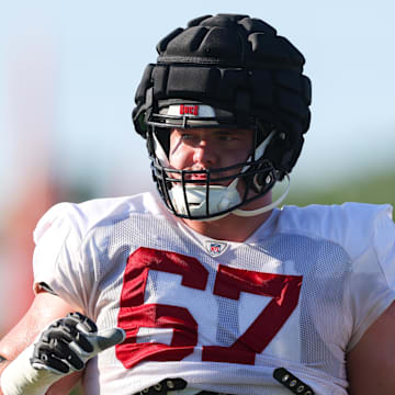 Aug 8, 2023; Tampa, FL, USA;  Tampa Bay Buccaneers guard Luke Goedeke (67) participates in training camp at AdventHealth Training Center. Mandatory Credit: Nathan Ray Seebeck-Imagn Images