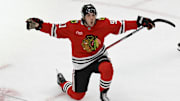 Apr 12, 2025; Chicago, Illinois, USA;  Chicago Blackhawks center Frank Nazar (91) celebrates after scoring a goal against the Winnipeg Jets during the third period at United Center. Mandatory Credit: Matt Marton-Imagn Images