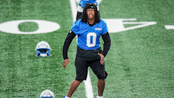Detroit Lions running back Jahmyr Gibbs (0).