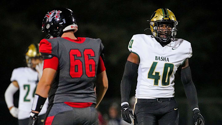 Basha defensive lineman lines up against Williams Field during a game at Williams Field High School in Gilbert, on Sept. 12, 2025. Basha defensive lineman lines up against Williams Field during a game at Williams Field High School in Gilbert, on Sept. 12, 2025.