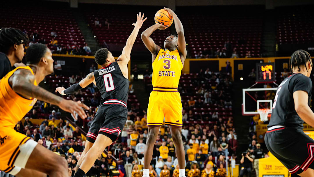 Mar 8, 2025; Tempe, Arizona, USA;  Arizona State Sun Devils guard Joson Sanon (3) shoots a jumper during the second half at Desert Financial Arena. Mandatory Credit: Arianna Grainey-Imagn Images