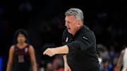 Mar 13, 2025; Charlotte, NC, USA; Stanford Cardinal head coach Kyle Smith reacts in the second half at Spectrum Center. Mandatory Credit: Bob Donnan-Imagn Images
