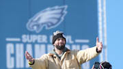 Feb 14, 2025; Philadelphia, PA, USA; Philadelphia Eagles tight end Dallas Goedert (88)  reacts during the Super Bowl LIX championship parade and rally. Mandatory Credit: Kirby Lee-Imagn Images