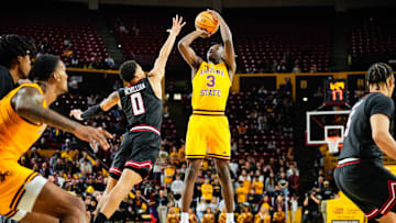 Mar 8, 2025; Tempe, Arizona, USA;  Arizona State Sun Devils guard Joson Sanon (3) shoots a jumper during the second half at Desert Financial Arena. Mandatory Credit: Arianna Grainey-Imagn Images