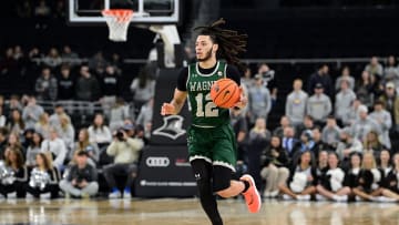 Nov 28, 2023; Providence, Rhode Island, USA; Wagner Seahawks guard Zaire Williams (12) dribbles the ball up the court against Providence. 