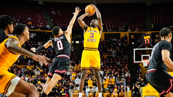 Mar 8, 2025; Tempe, Arizona, USA;  Arizona State Sun Devils guard Joson Sanon (3) shoots a jumper during the second half at Desert Financial Arena. Mandatory Credit: Arianna Grainey-Imagn Images