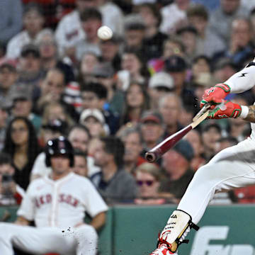 Jul 10, 2025; Boston, Massachusetts, USA; Boston Red Sox left fielder Jarren Duran (16) breaks his bat during the seventh inning against the Tampa Bay Rays at Fenway Park. Mandatory Credit: Eric Canha-Imagn Images
