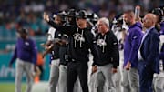 Oct 30, 2025; Miami Gardens, Florida, USA; Baltimore Ravens head coach John Harbaugh stands on the sidelines during the third quarter against the Miami Dolphins at Hard Rock Stadium. Mandatory Credit: Sam Navarro-Imagn Images