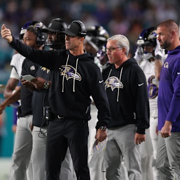 Oct 30, 2025; Miami Gardens, Florida, USA; Baltimore Ravens head coach John Harbaugh stands on the sidelines during the third quarter against the Miami Dolphins at Hard Rock Stadium. Mandatory Credit: Sam Navarro-Imagn Images