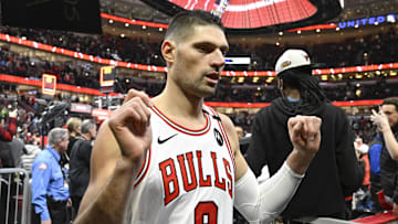 Feb 4, 2025; Chicago, Illinois, USA;  Chicago Bulls center Nikola Vucevic (9) leaves the court after the game against the Miami Heat  at United Center. Mandatory Credit: Matt Marton-Imagn Images