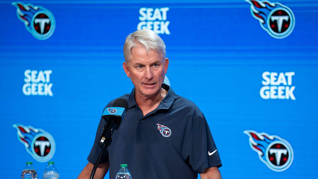 Tennessee Titans interim head coach Mike McCoy speaks to the media during his first press conference as interim head coach at Ascension Saint Thomas Sports Park in Nashville, Tenn., Tuesday, Oct. 14, 2025. Titans head coach Brian Callahan was fired Monday after leading the team to a 4-19 record over his tenure.