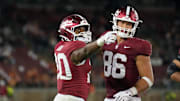 Sep 13, 2025; Stanford, California, USA; Stanford Cardinal running back Micah Ford (left) gestures with tight end Sam Roush (86) after carrying the ball for a first down against the Boston College Eagles during the fourth quarter at Stanford Stadium. Mandatory Credit: Darren Yamashita-Imagn Images