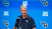 Tennessee Titans interim head coach Mike McCoy speaks to the media during his first press conference as interim head coach at Ascension Saint Thomas Sports Park in Nashville, Tenn., Tuesday, Oct. 14, 2025. Titans head coach Brian Callahan was fired Monday after leading the team to a 4-19 record over his tenure.