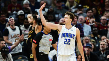 Apr 30, 2024; Cleveland, Ohio, USA; Orlando Magic forward Franz Wagner (22) reacts after a basket