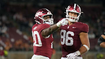 Sep 13, 2025; Stanford, California, USA; Stanford Cardinal running back Micah Ford (left) gestures with tight end Sam Roush (86) after carrying the ball for a first down against the Boston College Eagles during the fourth quarter at Stanford Stadium. Mandatory Credit: Darren Yamashita-Imagn Images