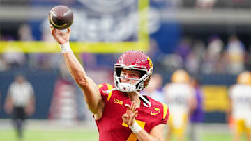 Sep 1, 2024; Paradise, Nevada, USA; Southern California Trojans quarterback Miller Moss (7) warms up before a game against the LSU Tigers at Allegiant Stadium. Mandatory Credit: Stephen R. Sylvanie-Imagn Images