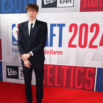 Jun 26, 2024; Brooklyn, NY, USA; Matas Buzelis arrives for the first round of the 2024 NBA Draft at Barclays Center. Mandatory Credit: Brad Penner-USA TODAY Sports