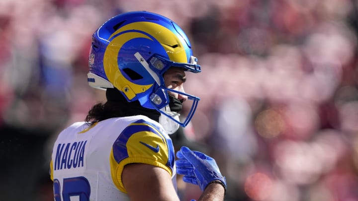 Jan 7, 2024; Santa Clara, California, USA; Los Angeles Rams wide receiver Puka Nacua (17) walks on the field before the game against the San Francisco 49ers at Levi's Stadium. Mandatory Credit: Darren Yamashita-USA TODAY Sports