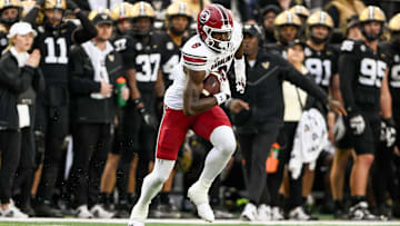 Nov 9, 2024; Nashville, Tennessee, USA;  South Carolina Gamecocks wide receiver Nyck Harbor (8) runs the ball after a made catch against the Vanderbilt Commodores during the first half at FirstBank Stadium. Mandatory Credit: Steve Roberts-Imagn Images