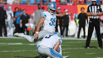 Oct 15, 2023; Tampa, Florida, USA; Detroit Lions place kicker Riley Patterson (36) attempts a field goal against the Tampa Bay Buccaneers during the first quarter at Raymond James Stadium.