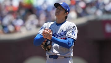 Jul 12, 2025; San Francisco, California, USA; Los Angeles Dodgers starting pitcher Shohei Ohtani (17) stands on the mound during the second inning against the San Francisco Giants at Oracle Park