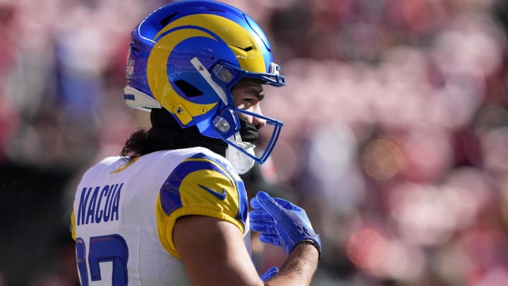 Jan 7, 2024; Santa Clara, California, USA; Los Angeles Rams wide receiver Puka Nacua (17) walks on the field before the game against the San Francisco 49ers at Levi's Stadium. Mandatory Credit: Darren Yamashita-USA TODAY Sports