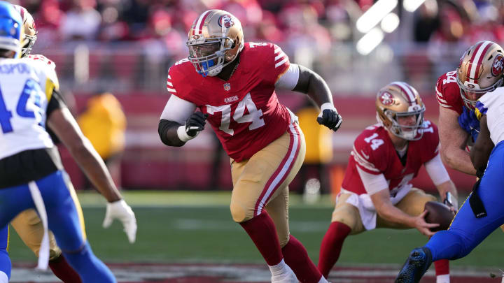 Jan 7, 2024; Santa Clara, California, USA; San Francisco 49ers offensive tackle Spencer Burford (74) during the second quarter against the Los Angeles Rams at Levi's Stadium. Mandatory Credit: Darren Yamashita-USA TODAY Sports