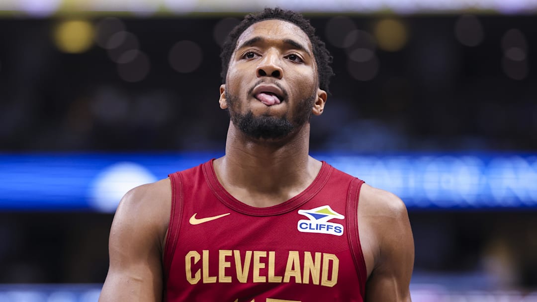 Jan 3, 2025; Dallas, Texas, USA;  Cleveland Cavaliers guard Donovan Mitchell (45) reacts during the first half against the Dallas Mavericks at American Airlines Center. Mandatory Credit: Kevin Jairaj-Imagn Images