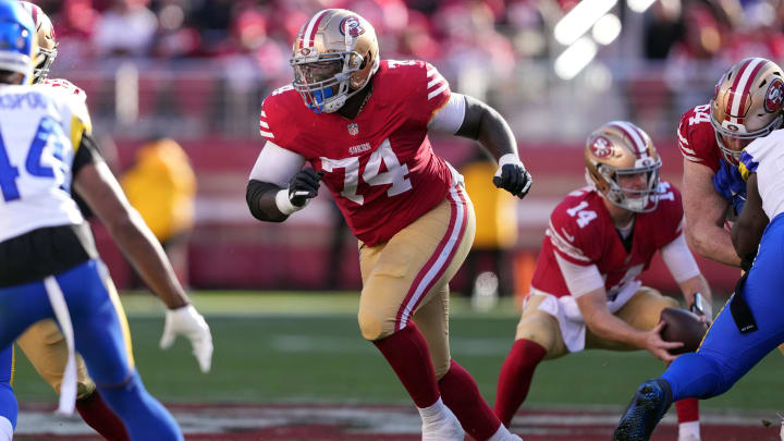 Jan 7, 2024; Santa Clara, California, USA; San Francisco 49ers offensive tackle Spencer Burford (74) during the second quarter against the Los Angeles Rams at Levi's Stadium. Mandatory Credit: Darren Yamashita-USA TODAY Sports