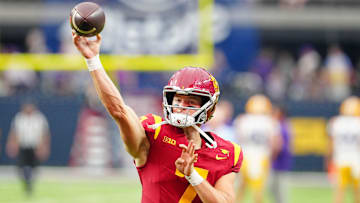 Sep 1, 2024; Paradise, Nevada, USA; Southern California Trojans quarterback Miller Moss (7) warms up before a game against the LSU Tigers at Allegiant Stadium. Mandatory Credit: Stephen R. Sylvanie-Imagn Images