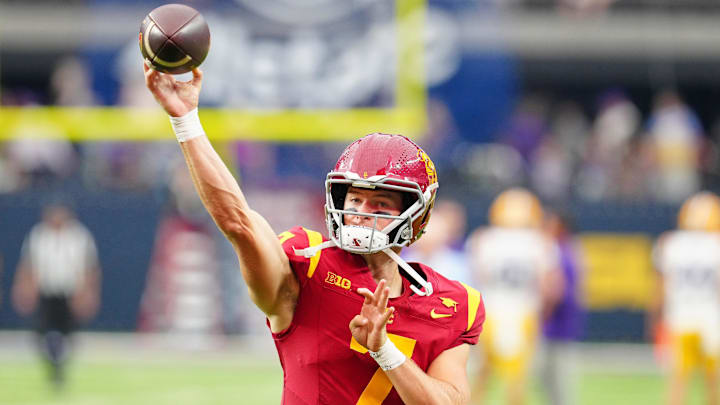 Sep 1, 2024; Paradise, Nevada, USA; Southern California Trojans quarterback Miller Moss (7) warms up before a game against the LSU Tigers at Allegiant Stadium. Mandatory Credit: Stephen R. Sylvanie-Imagn Images