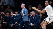 Virginia coach Ryan Odom works the referees during the second half of their exhibition game against Vanderbilt at Memorial Gym in Nashville, Tenn., Thursday, Oct. 16, 2025.