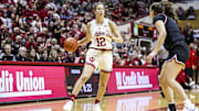 Indiana guard Yarden Garzon handles the ball during the Hoosiers' game against Harvard on Nov. 7, 2024. Indiana lost 72-68 in overtime at Simon Skjodt Assembly Hall.