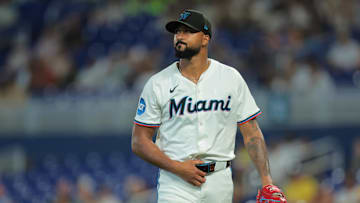 Jul 23, 2025; Miami, Florida, USA; Miami Marlins starting pitcher Sandy Alcantara (22) looks on against the San Diego Padres during the first inning at loanDepot Park. Mandatory Credit: Sam Navarro-Imagn Images