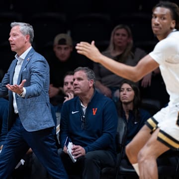 Virginia coach Ryan Odom works the referees during the second half of their exhibition game against Vanderbilt at Memorial Gym in Nashville, Tenn., Thursday, Oct. 16, 2025.