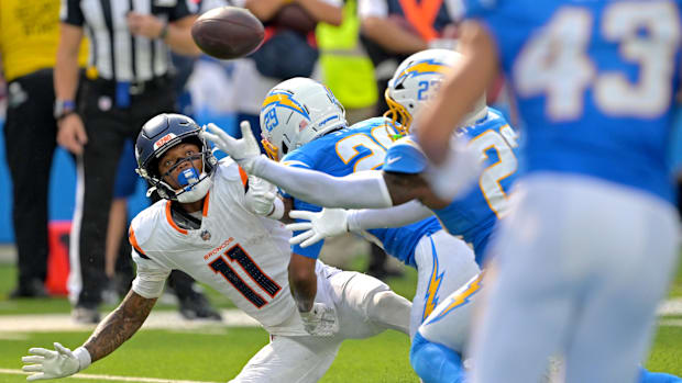 Denver Broncos wide receiver Troy Franklin (11) reaches for an incomplete pass vs. the Los Angeles Chargers. 
