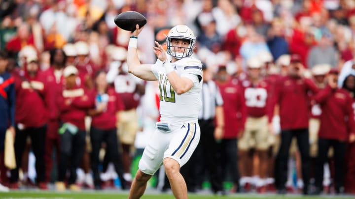 Aug 24, 2024; Dublin, IRL; Georgia Tech quarterback Haynes King passes the ball against Florida State at Aviva Stadium. Mandatory Credit: Tom Maher/INPHO via USA TODAY Sports