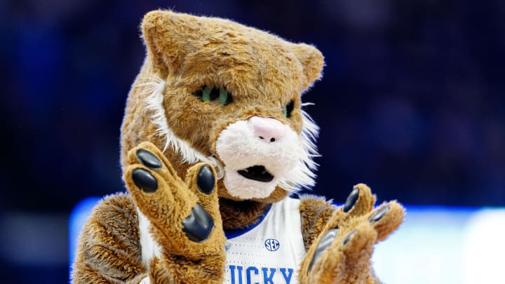 Mar 1, 2022; Lexington, Kentucky, USA; The Kentucky Wildcat mascot claps during the second half against the Mississippi Rebels at Rupp Arena at Central Bank Center. Mandatory Credit: Jordan Prather-USA TODAY Sports