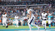 Oct 30, 2025; Miami Gardens, Florida, USA; Baltimore Ravens tight end Mark Andrews (89) celebrates a touchdown during the first quarter against the Miami Dolphins at Hard Rock Stadium. Mandatory Credit: Nathan Ray Seebeck-Imagn Images