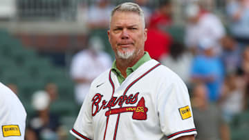 Former Atlanta Braves third baseman Chipper Jones (10) on the field before a game against the Cincinnati Reds at Truist Park near Atlanta on July 22, 2024.