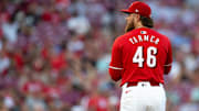 Cincinnati Reds pitcher Buck Farmer (46) prepares to pitch in the third inning of the MLB game between the Cincinnati Reds and Kansas City Royals at Great American Ball Park in Cincinnati on Saturday, Aug. 17, 2024.